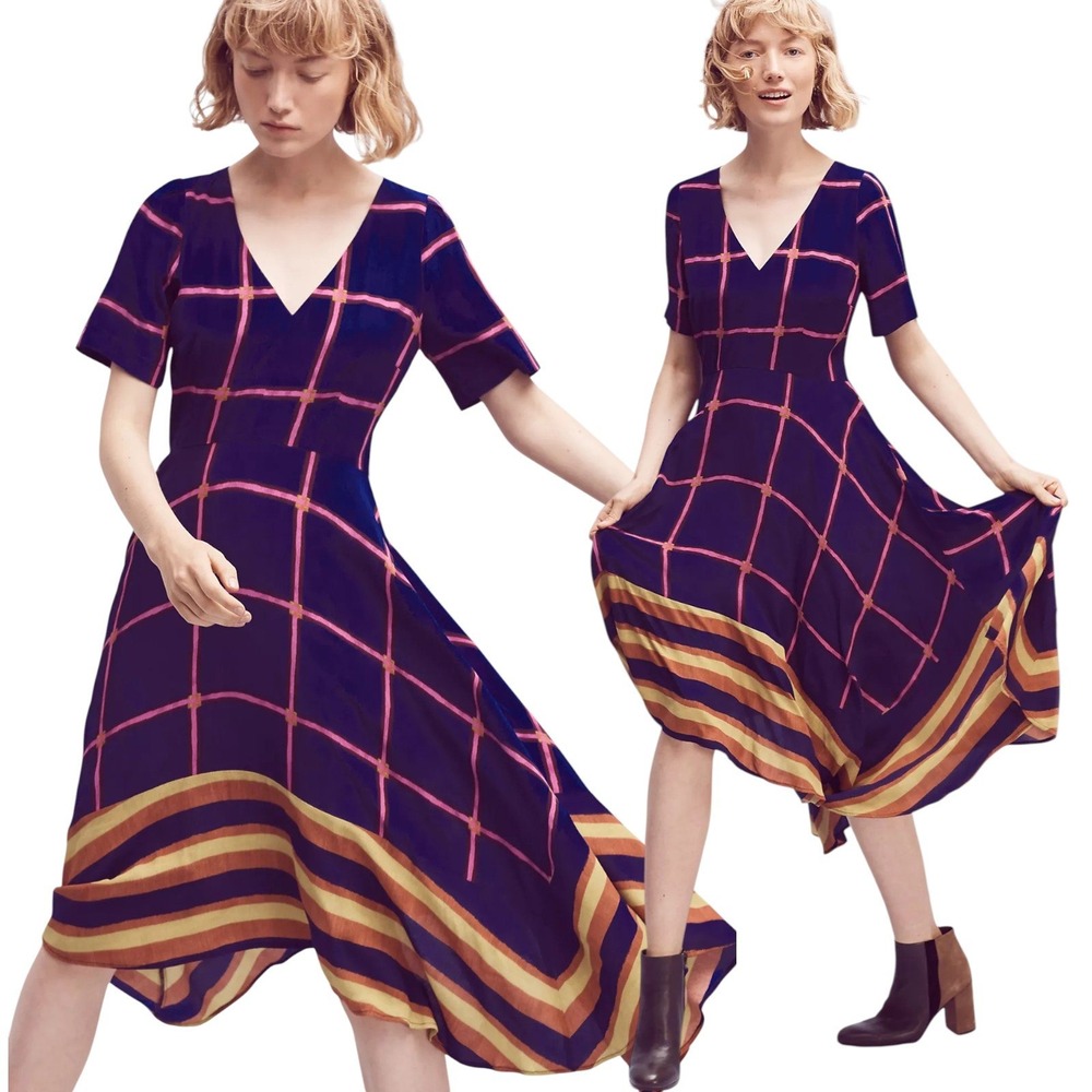 Anthropologie HD In Paris‎ Striped Pane Midi Dress Sz 0 Navy Pink Fit Flare Boho